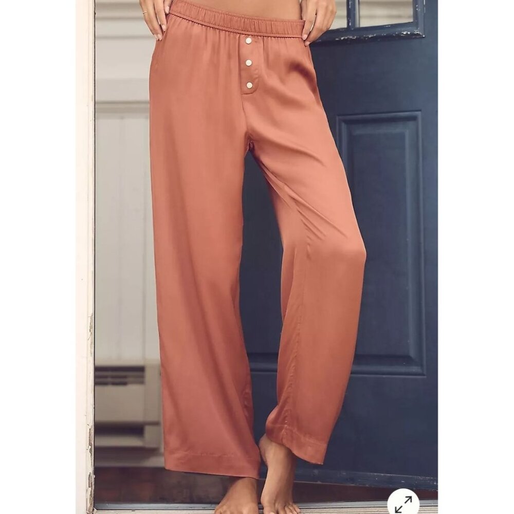 Anthropologie Rust Satin Pajama bottoms size Large Sleepwear lounge Pull On